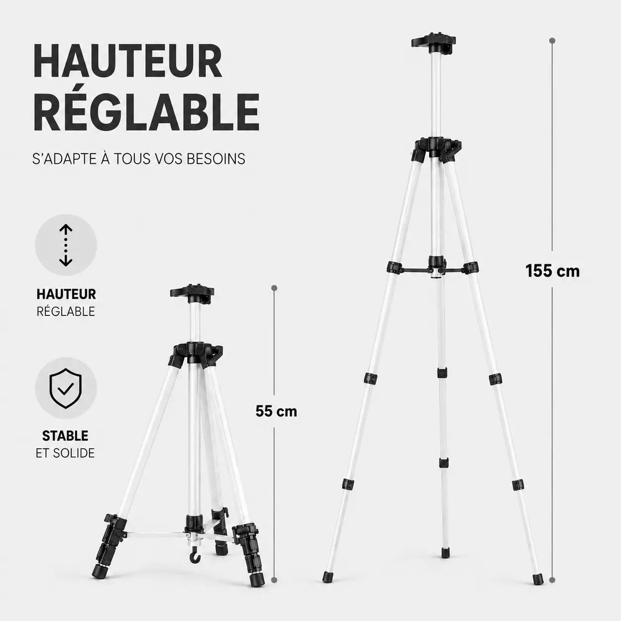 Infographie trepied tableau argente hauteur reglable de 55 cm a 155 cm stable et solide