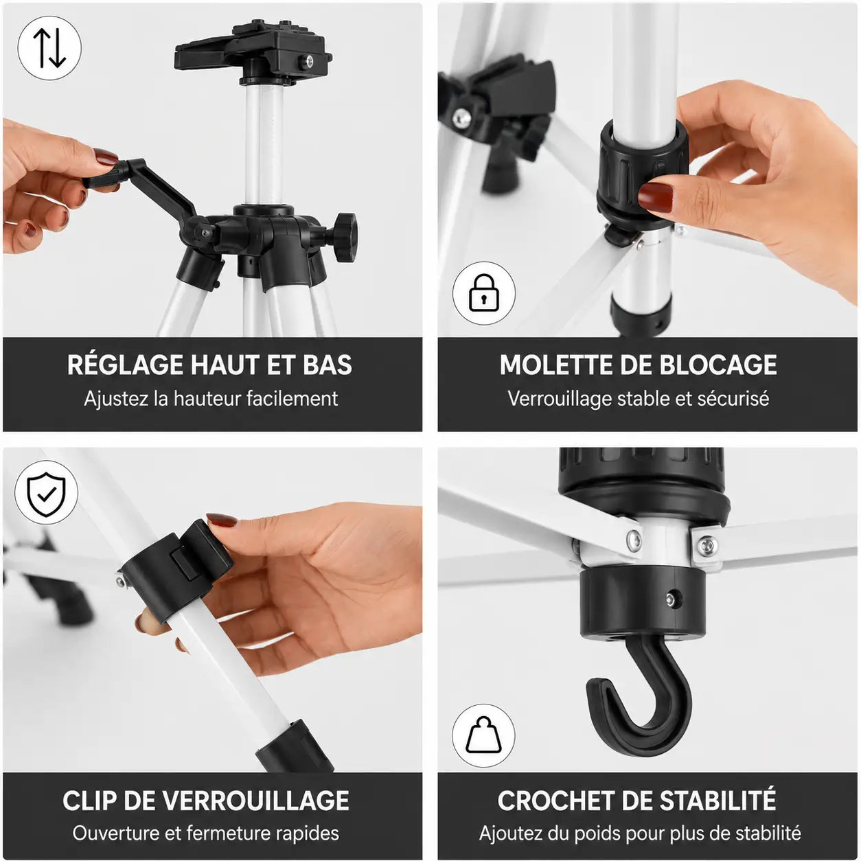 Gros plan mecanismes trepied tableau argente reglage molette de blocage clip et crochet de stabilite