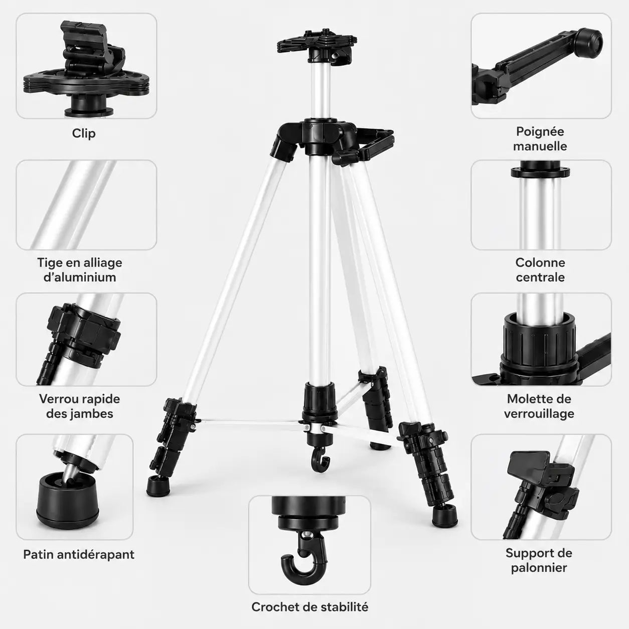 Infographie composants trepied tableau argente tige aluminium clip verrou patin colonne et crochet
