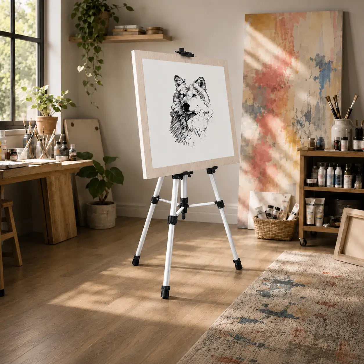Trepied tableau argente avec toile posee dessus dans un atelier d artiste