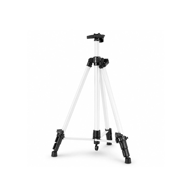 Trepied tableau argente 155 cm deploye sur fond blanc avec clip de fixation