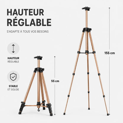 Infographie trepied tableau cafe hauteur reglable de 55 cm a 155 cm stable et solide