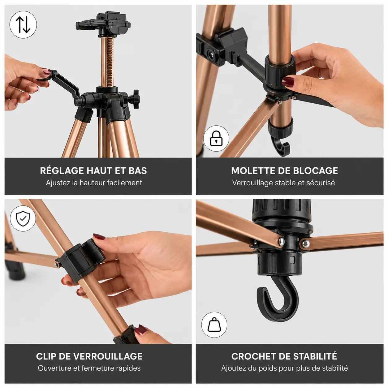 Gros plan mecanismes trepied tableau cafe reglage molette de blocage clip et crochet de stabilite