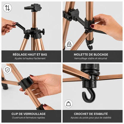 Gros plan mecanismes trepied tableau cafe reglage molette de blocage clip et crochet de stabilite