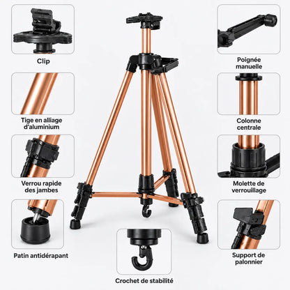 Infographie composants trepied tableau cafe tige aluminium clip verrou patin colonne et crochet