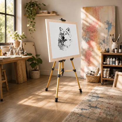 Trepied tableau cafe avec toile posee dessus dans un atelier d artiste