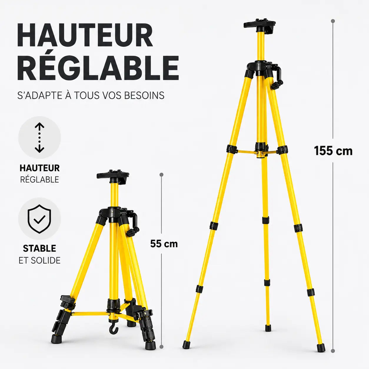 Infographie trepied tableau dore hauteur reglable de 55 cm a 155 cm stable et solide