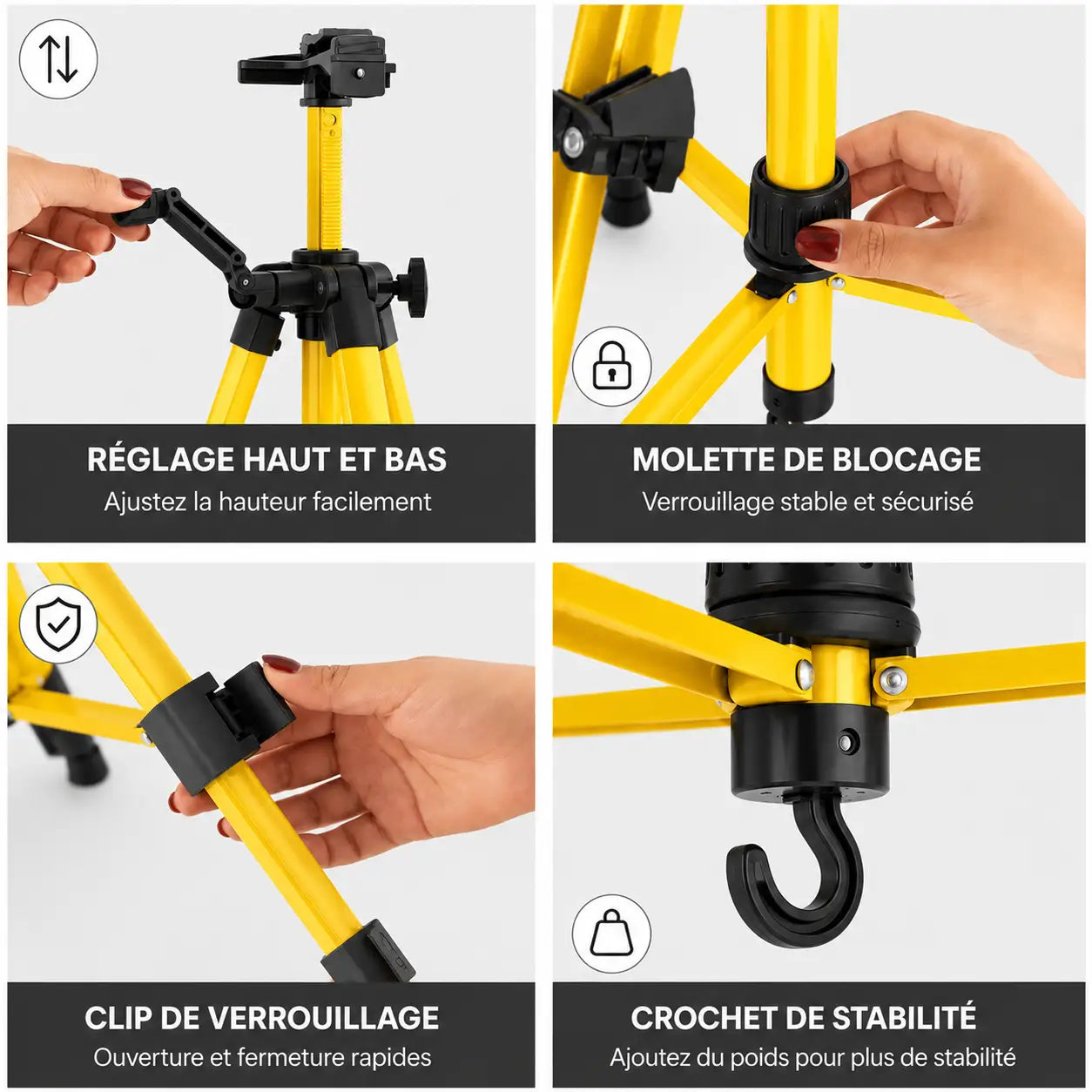 Gros plan mecanismes trepied tableau dore reglage molette de blocage clip et crochet de stabilite