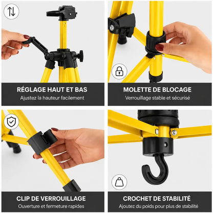 Gros plan mecanismes trepied tableau dore reglage molette de blocage clip et crochet de stabilite