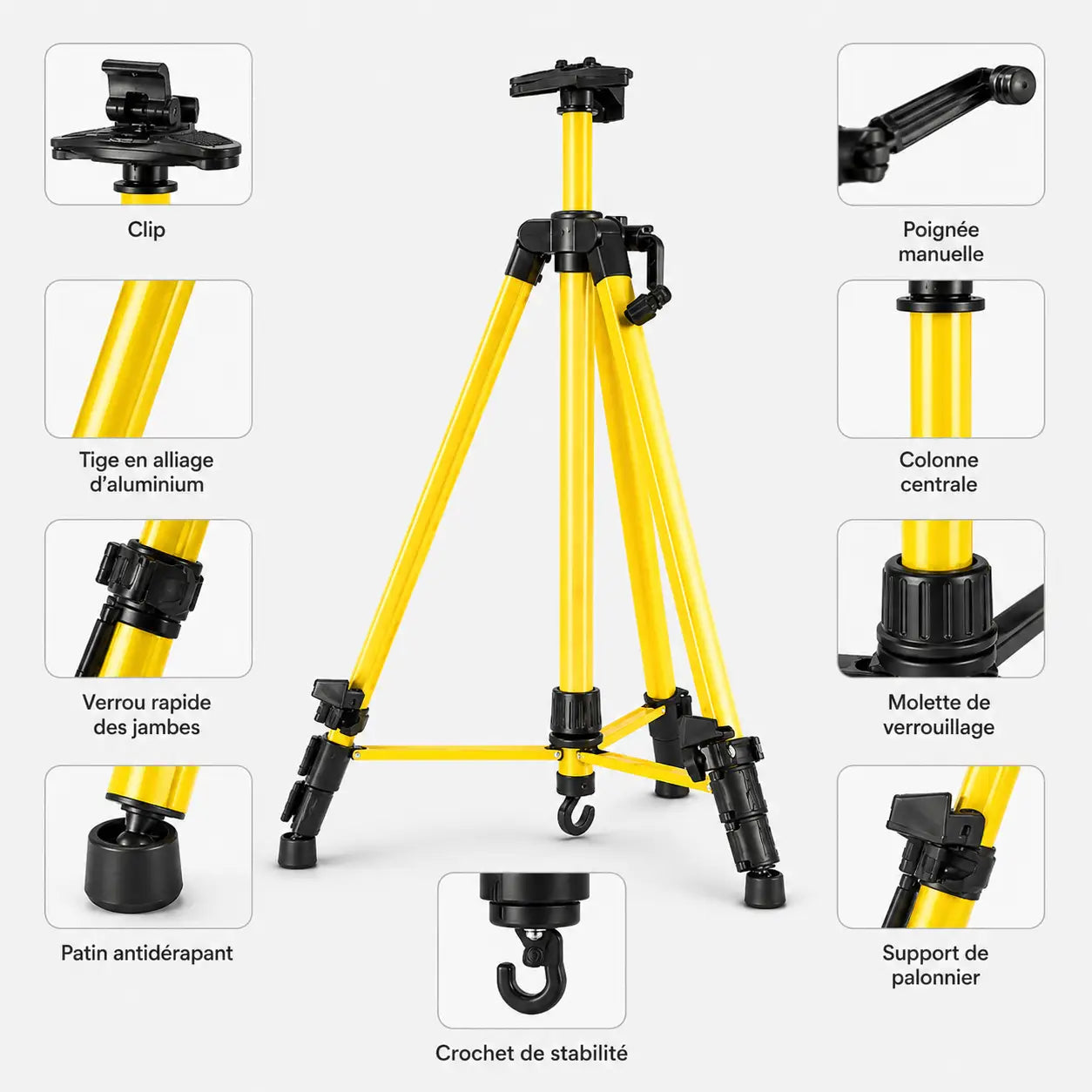 Infographie composants trepied tableau dore tige aluminium clip verrou patin colonne et crochet