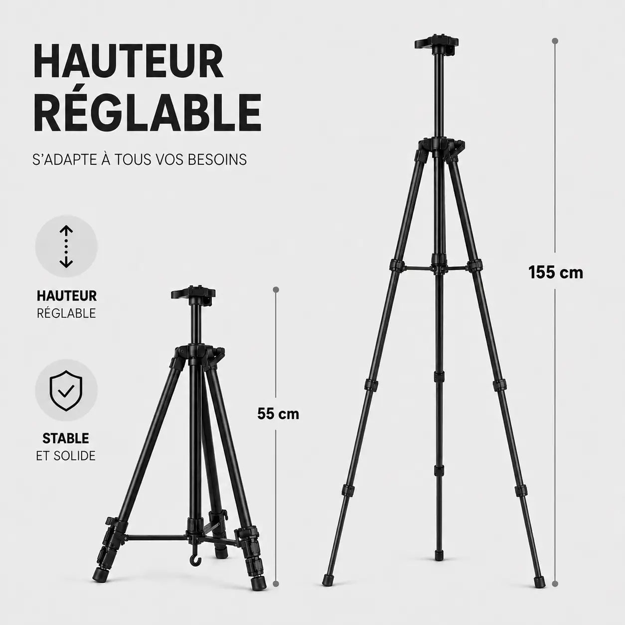 Infographie trepied tableau noir hauteur reglable de 55 cm a 155 cm stable et solide