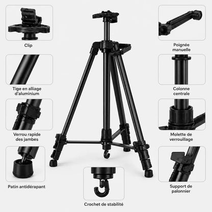 Gros plan mecanismes trepied tableau noir reglage molette de blocage clip et crochet de stabilite