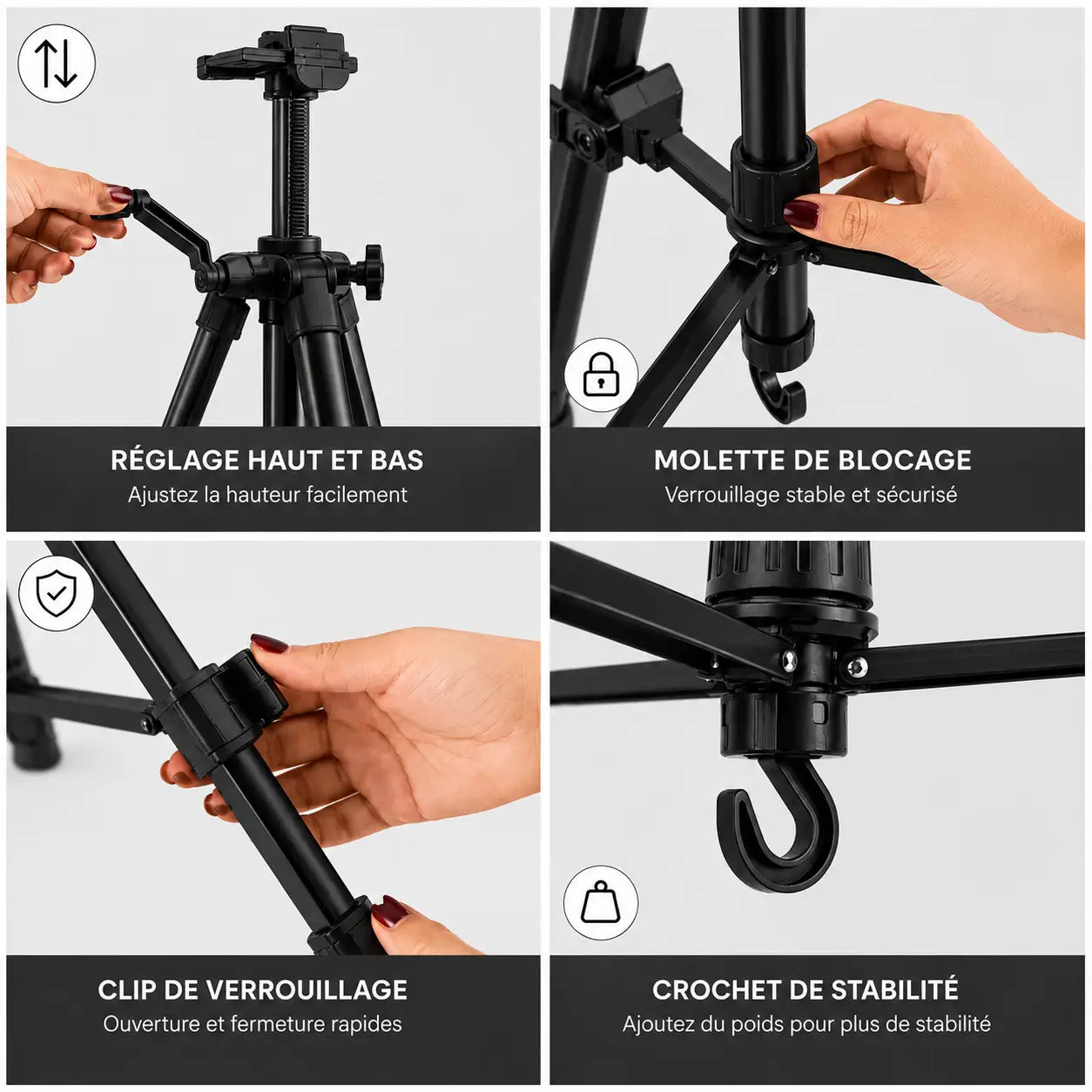 Infographie composants trepied tableau noir tige aluminium clip verrou patin colonne et crochet