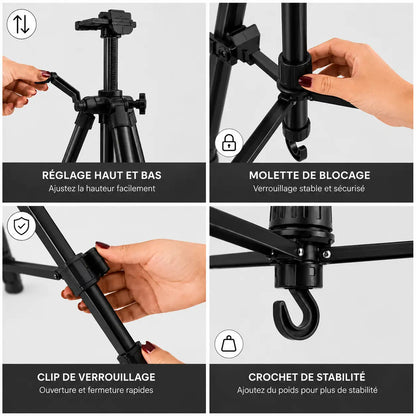 Infographie composants trepied tableau noir tige aluminium clip verrou patin colonne et crochet