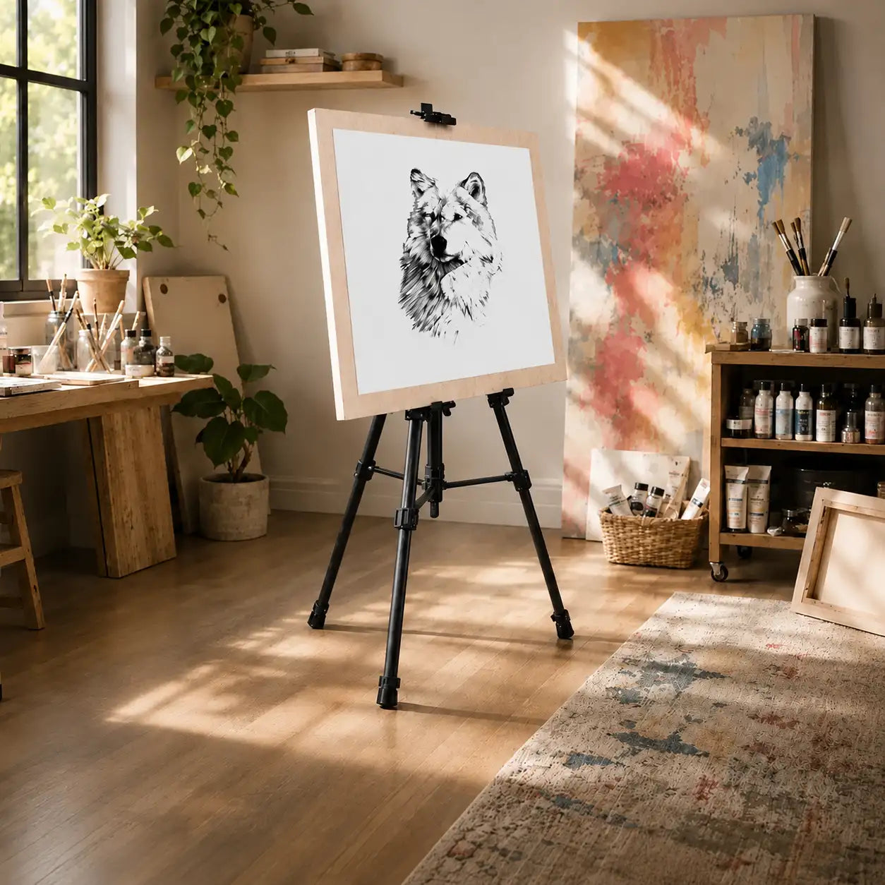 Trepied tableau noir avec toile posee dessus dans un atelier d artiste