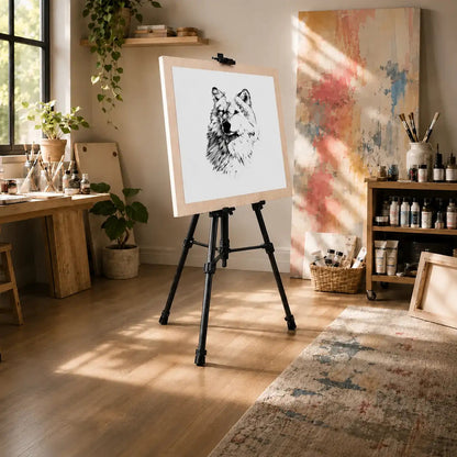 Trepied tableau noir avec toile posee dessus dans un atelier d artiste