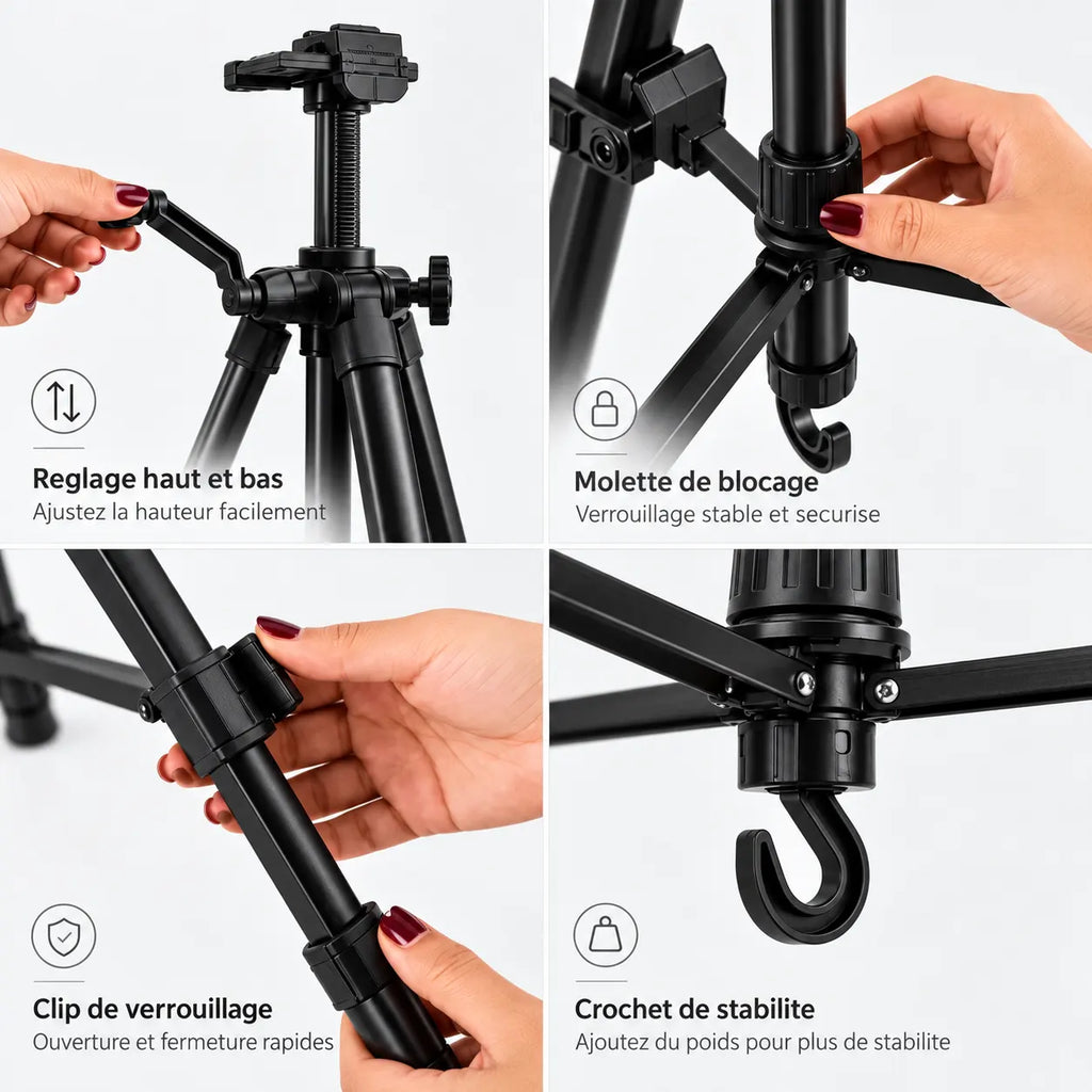 Trépied Tableau 155 CM Noir Aluminium - format plié et transport du trépied pour tableau, Réglable & Stable, Sac de Transport inclus