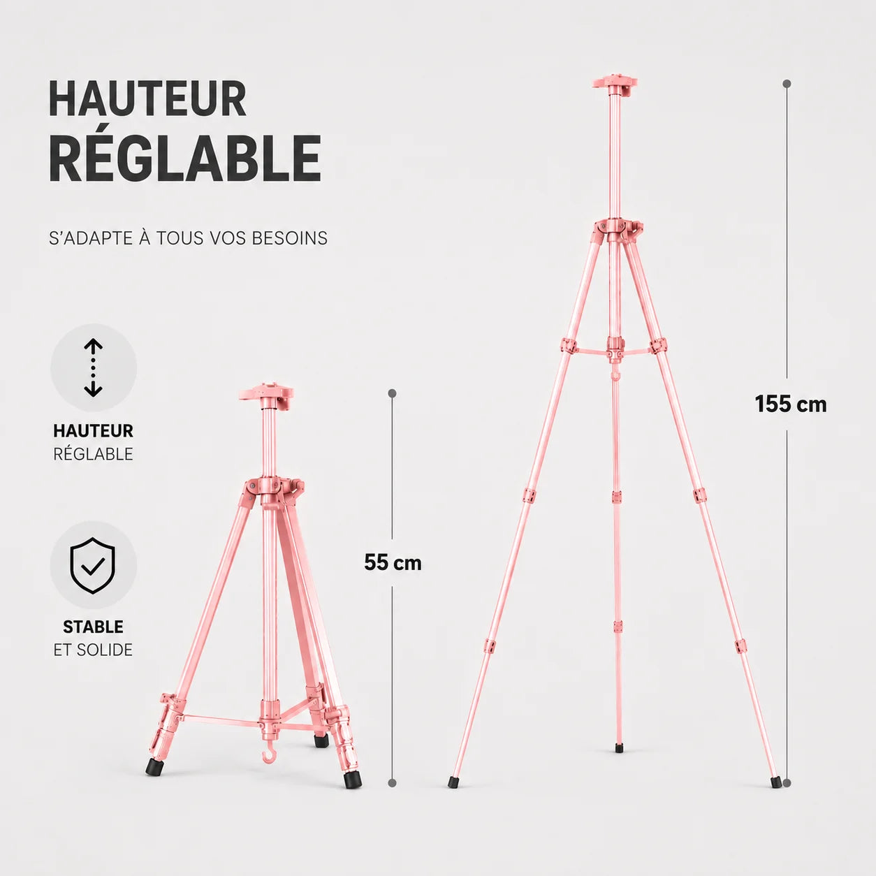 Infographie trepied tableau rose hauteur reglable de 55 cm a 155 cm stable et solide