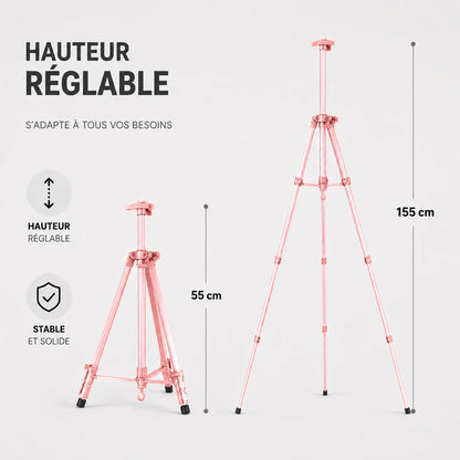 Infographie trepied tableau rose hauteur reglable de 55 cm a 155 cm stable et solide