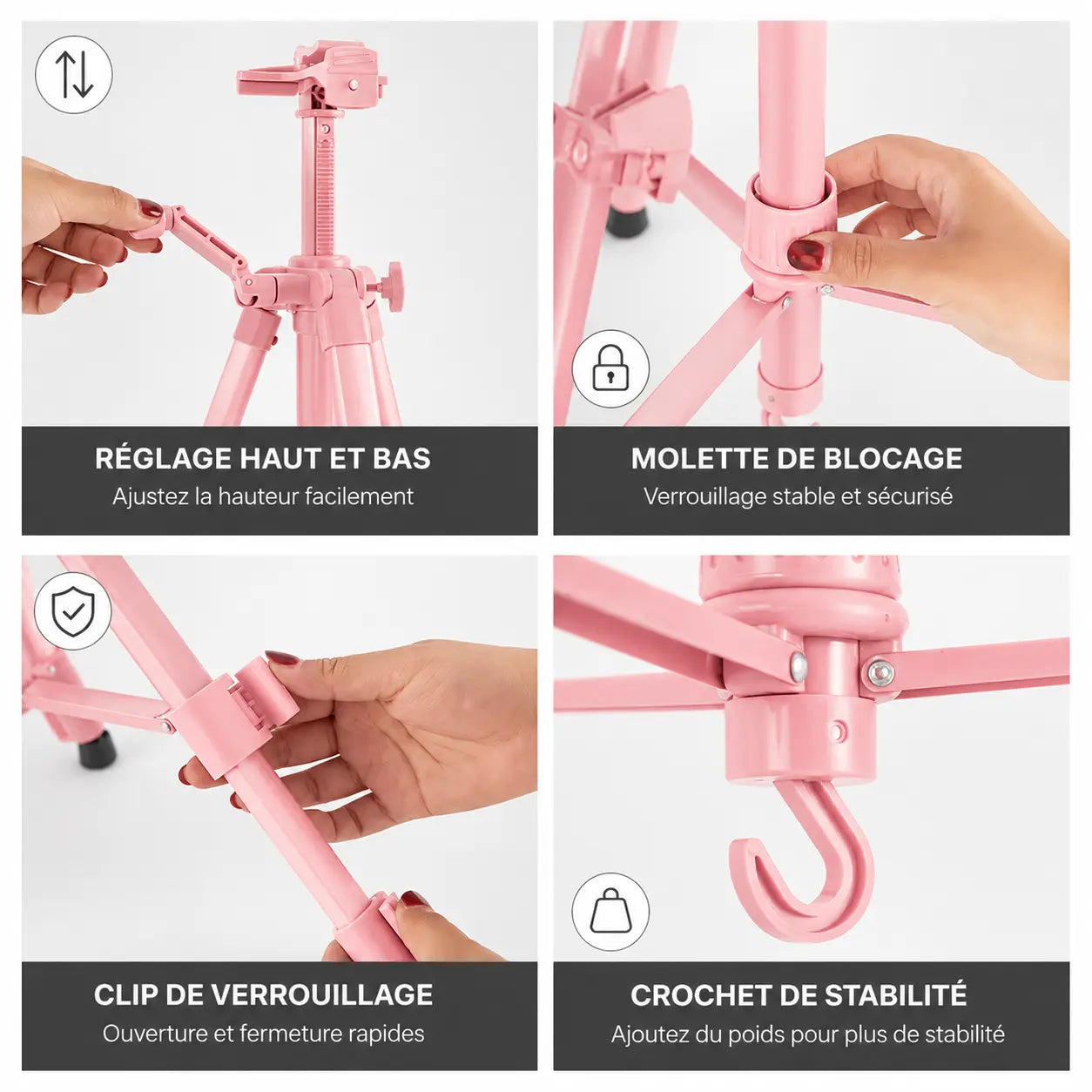 Gros plan mecanismes trepied tableau rose reglage molette de blocage clip et crochet de stabilite