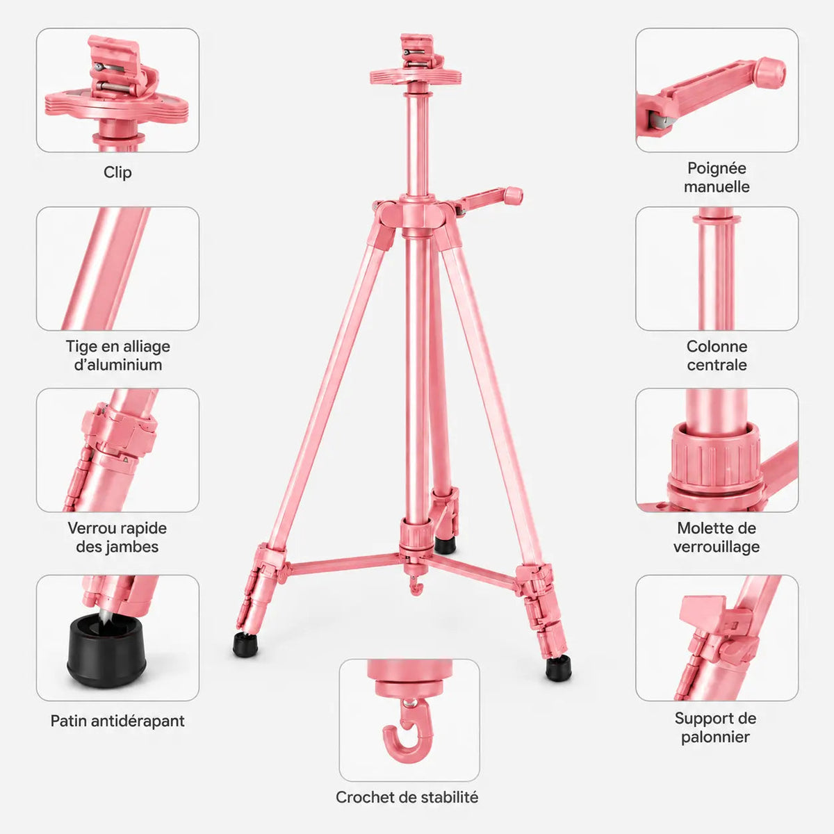 Trépied Tableau 155 CM Rose Aluminium - réglage et fixation du trépied pour tableau, Réglable & Stable, Sac de Transport inclus