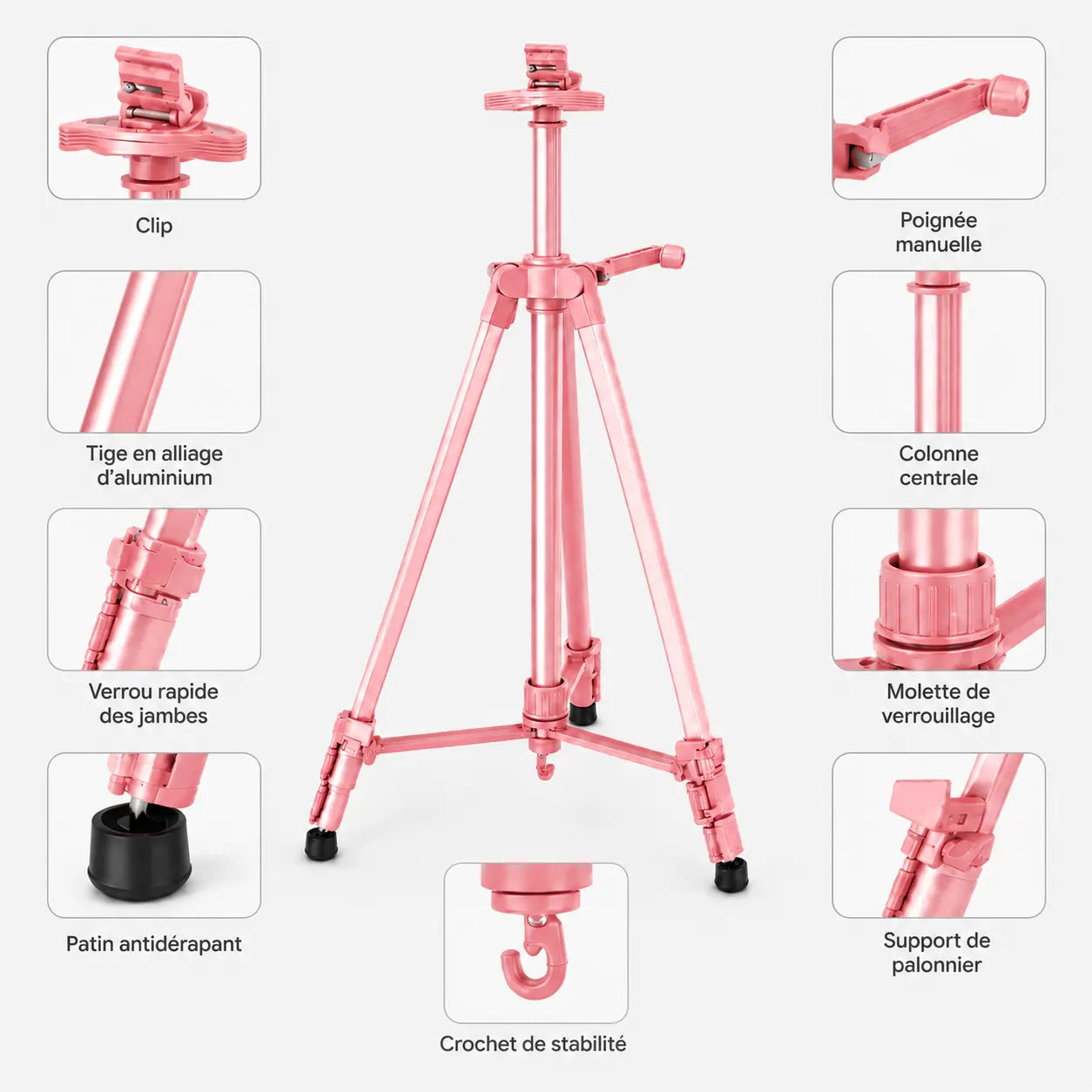 Infographie composants trepied tableau rose tige aluminium clip verrou patin colonne et crochet