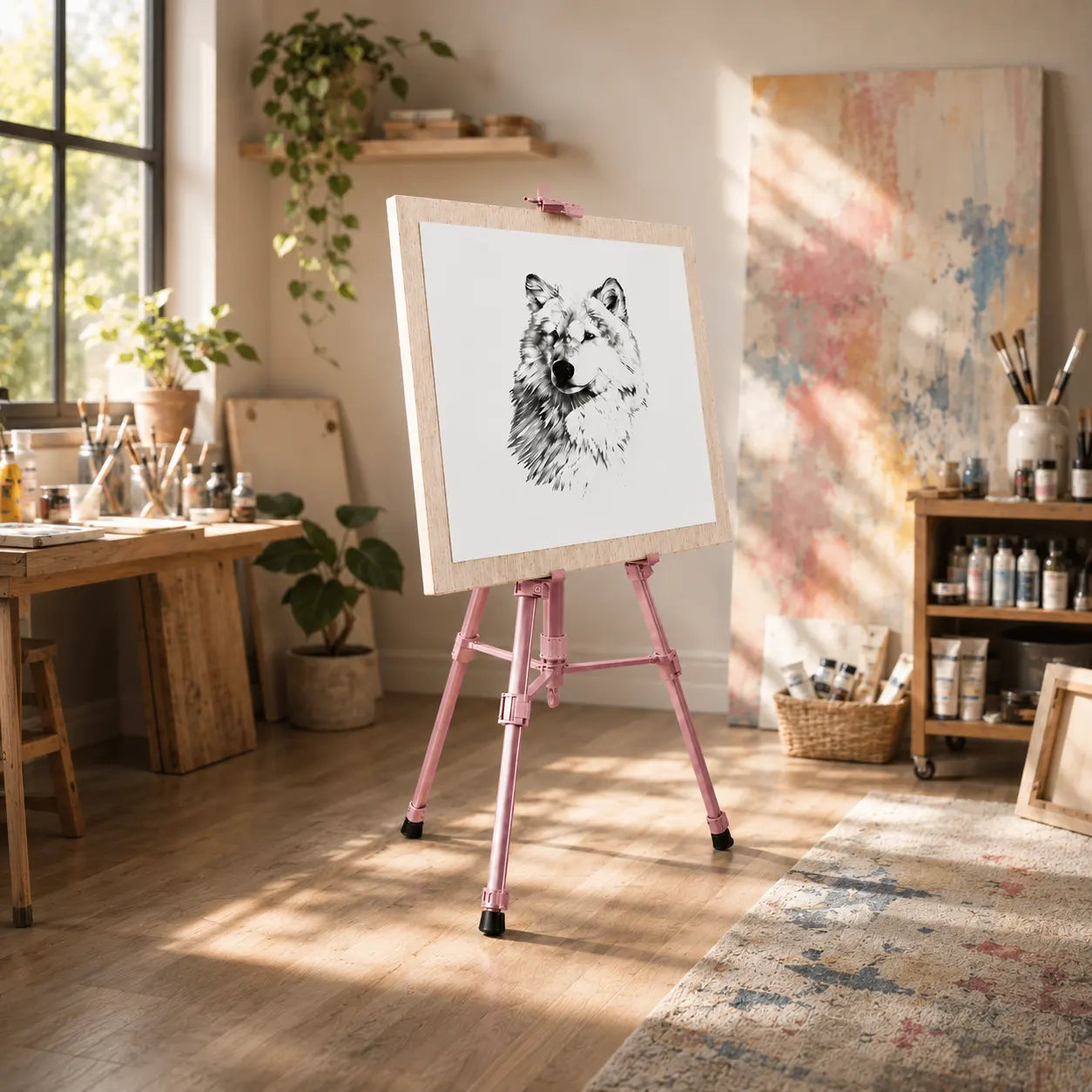 Trepied tableau rose avec toile posee dessus dans un atelier d artiste