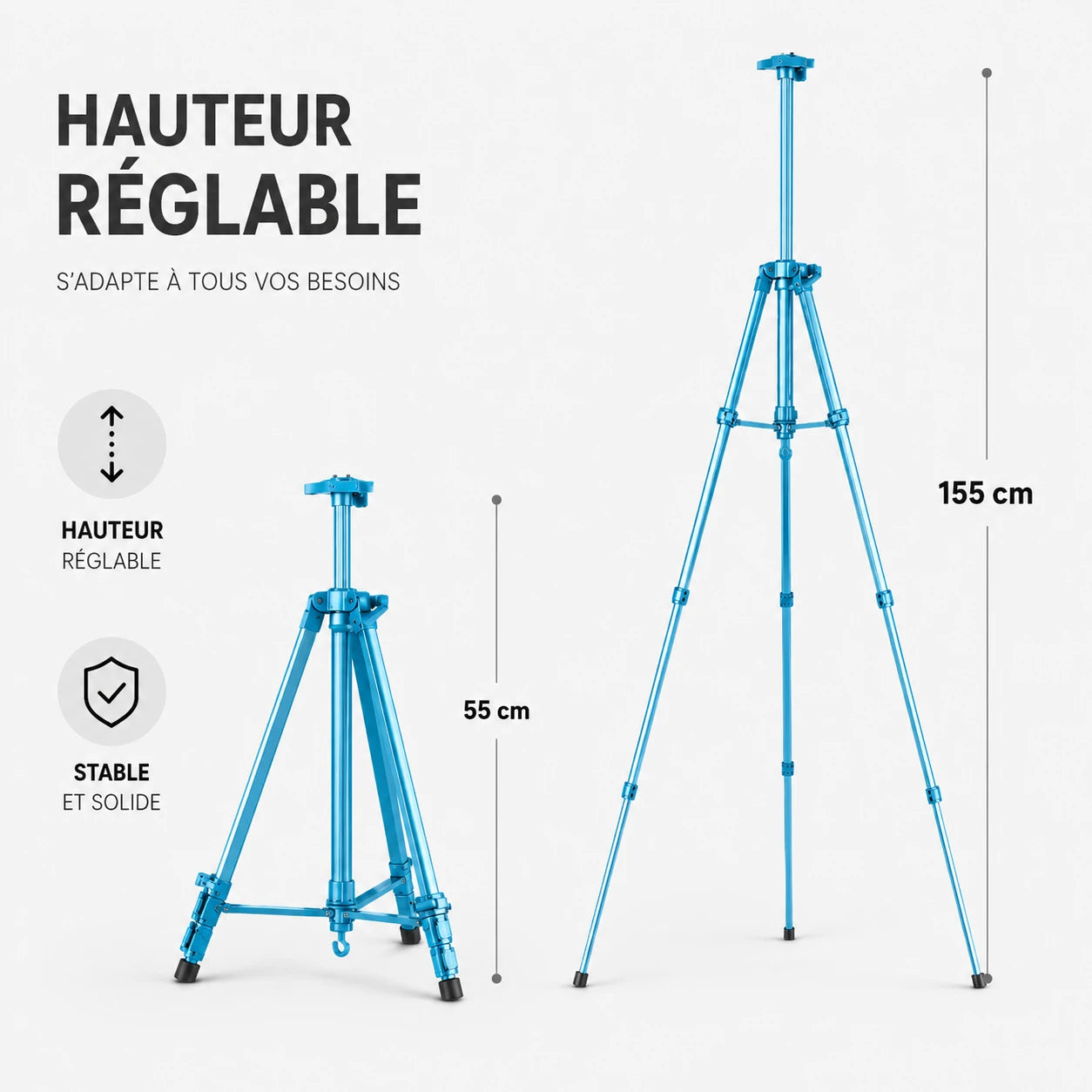 Infographie trepied tableau turquoise hauteur reglable de 55 cm a 155 cm stable et solide