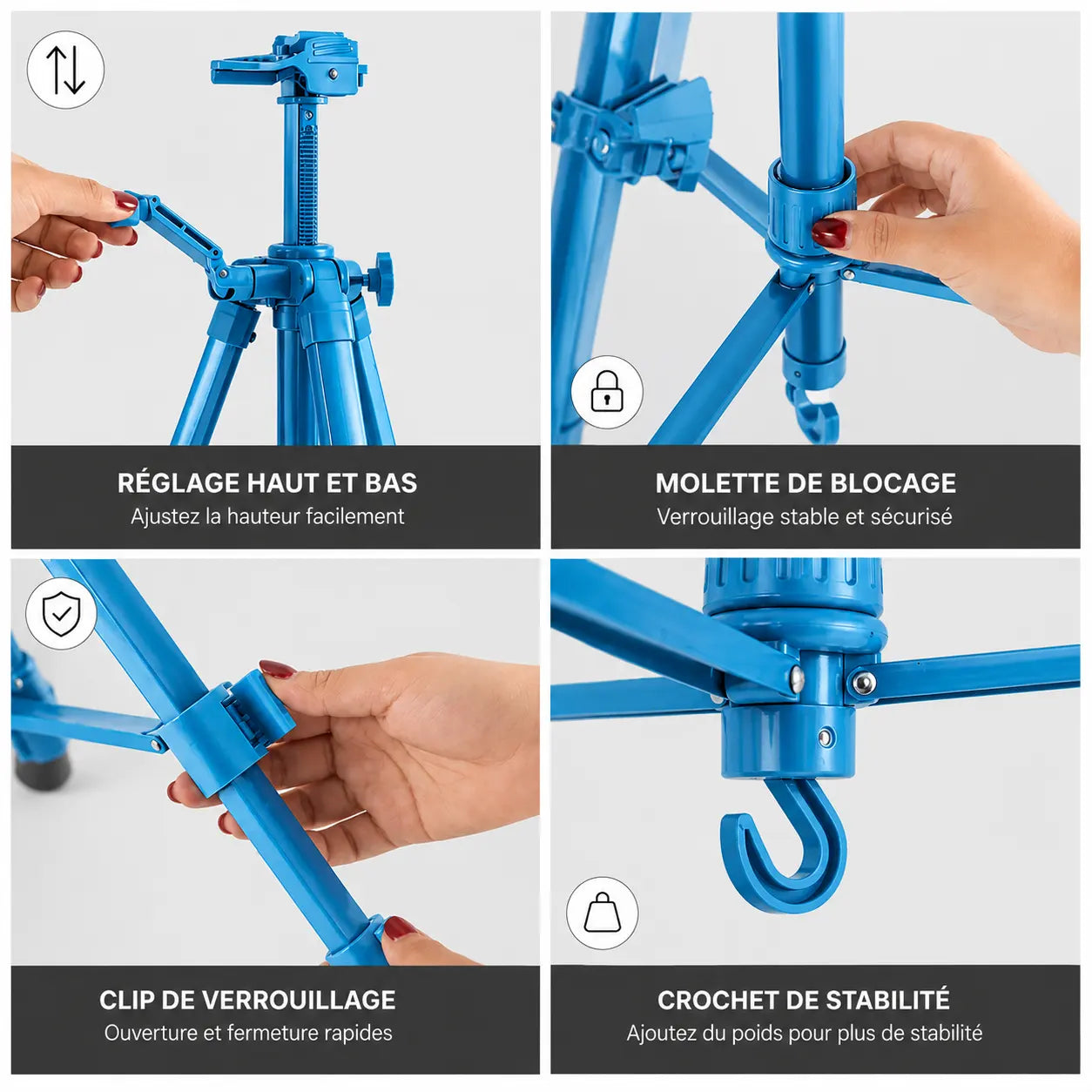 Gros plan mecanismes trepied tableau turquoise reglage molette de blocage clip et crochet de stabilite