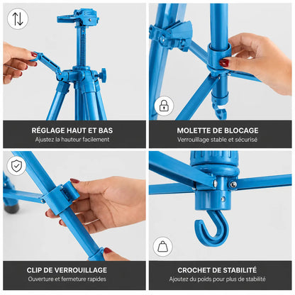 Gros plan mecanismes trepied tableau turquoise reglage molette de blocage clip et crochet de stabilite