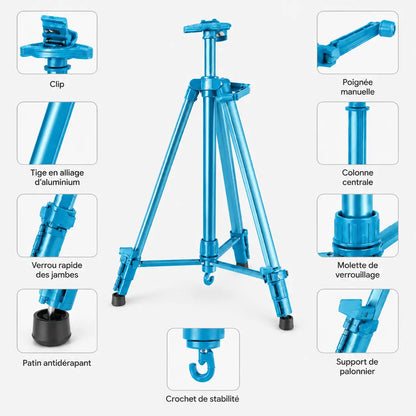 Infographie composants trepied tableau turquoise tige aluminium clip verrou patin colonne et crochet