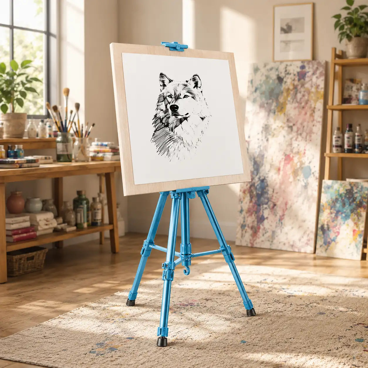 Trepied tableau turquoise avec toile posee dessus dans un atelier d artiste