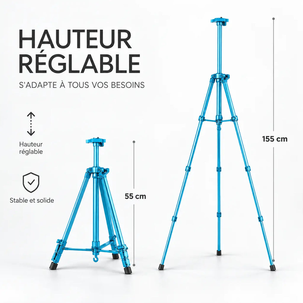 Trépied Tableau 155 CM Turquoise Aluminium - vue de détail du trépied pour tableau, Réglable & Stable, Sac de Transport inclus