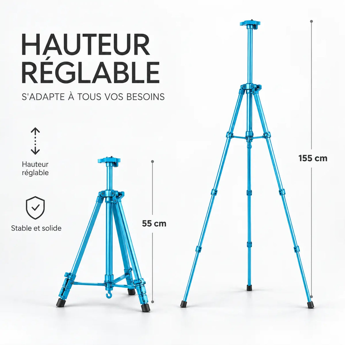 Trépied Tableau 155 CM Turquoise Aluminium - vue de détail du trépied pour tableau, Réglable & Stable, Sac de Transport inclus