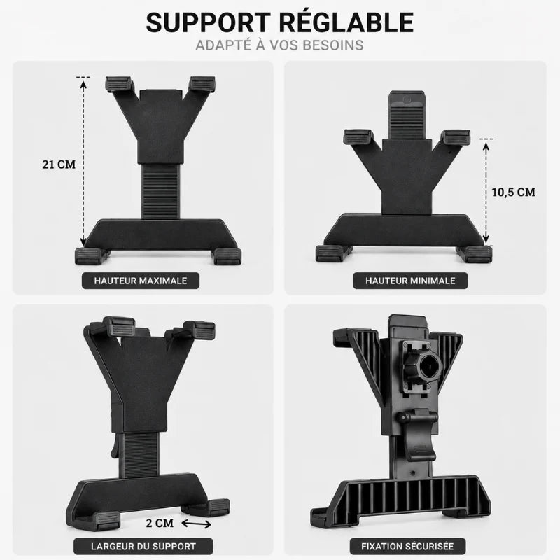 Gros plan du support tablette noir montrant quatre positions : hauteur maximale 21 cm, hauteur minimale 10,5 cm, largeur 2 cm et fixation sécurisée