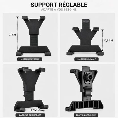 Gros plan du support tablette noir montrant quatre positions : hauteur maximale 21 cm, hauteur minimale 10,5 cm, largeur 2 cm et fixation sécurisée