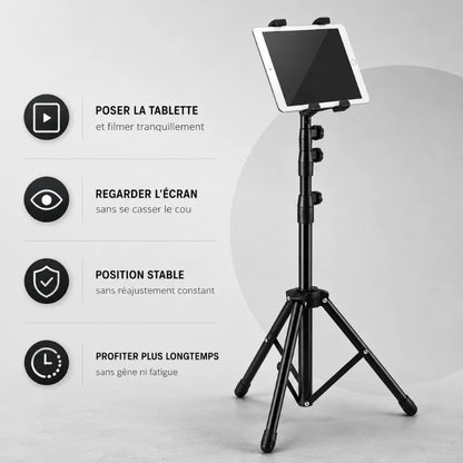 Trépied tablette noir avec une tablette blanche Apple iPad fixée dans le support, avec liste des avantages : posér la tablette, regarder l'écran, position stable, profiter longtemps