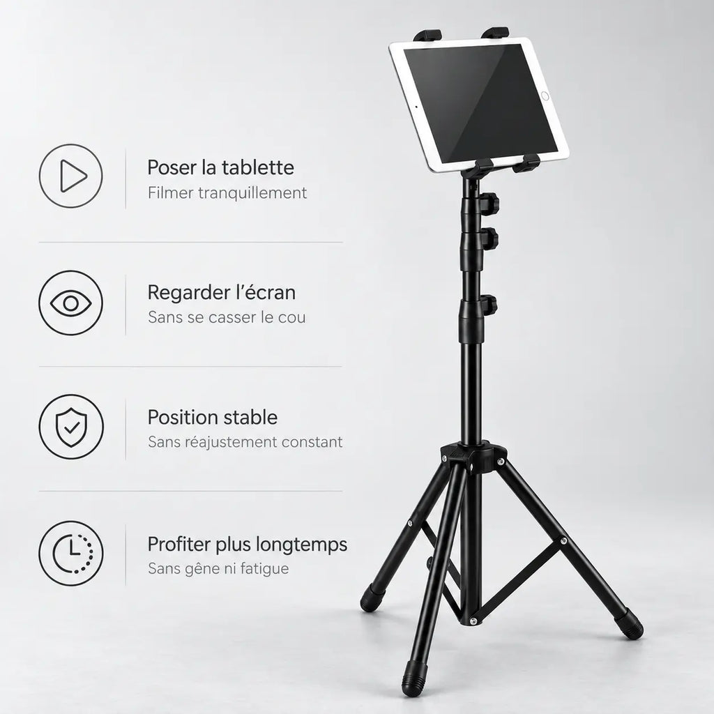 Trépied Tablette 136 CM - format plié et transport du trépied pour tablette, iPad & Samsung Galaxy, Réglable 52-136 CM & Support Universel