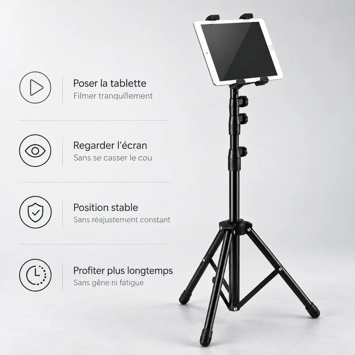 Trépied Tablette 136 CM - format plié et transport du trépied pour tablette, iPad & Samsung Galaxy, Réglable 52-136 CM & Support Universel