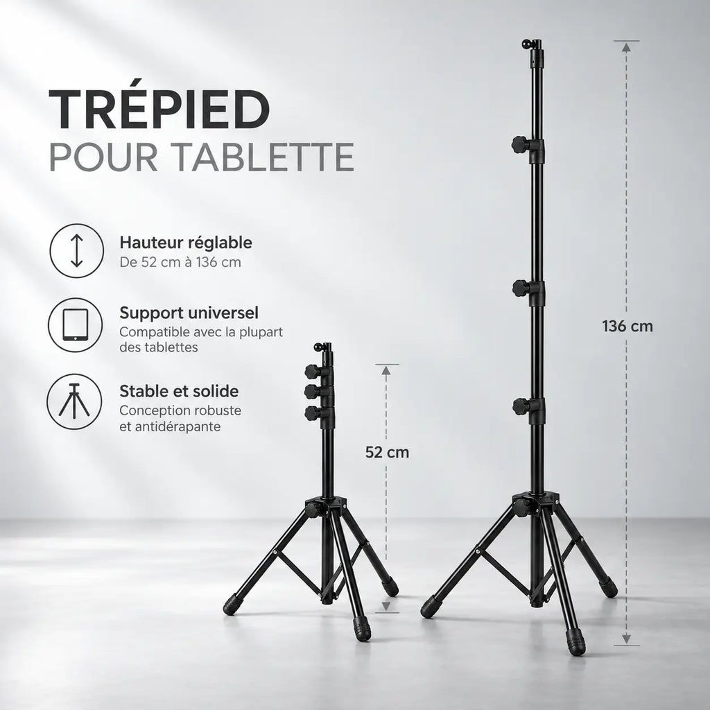 Trépied Tablette 136 CM - vue de détail du trépied pour tablette, iPad & Samsung Galaxy, Réglable 52-136 CM & Support Universel