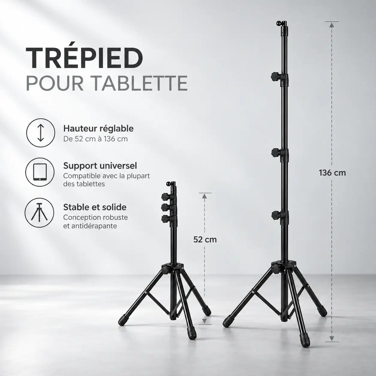 Trépied Tablette 136 CM - vue de détail du trépied pour tablette, iPad & Samsung Galaxy, Réglable 52-136 CM & Support Universel
