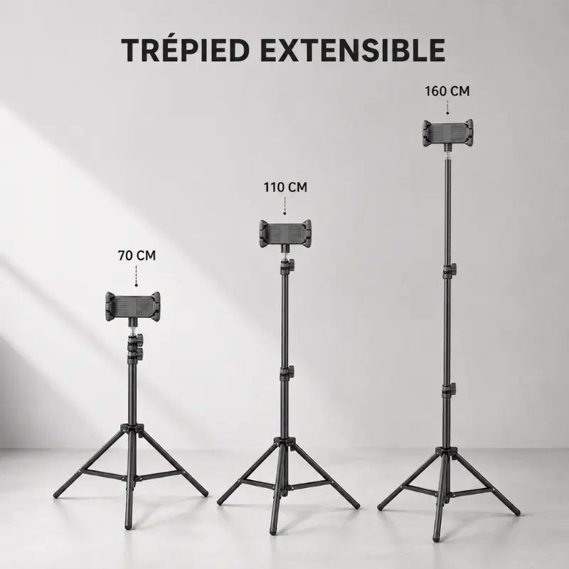 Infographie trépied extensible noir montrant 3 hauteurs : 70 cm, 110 cm et 160 cm