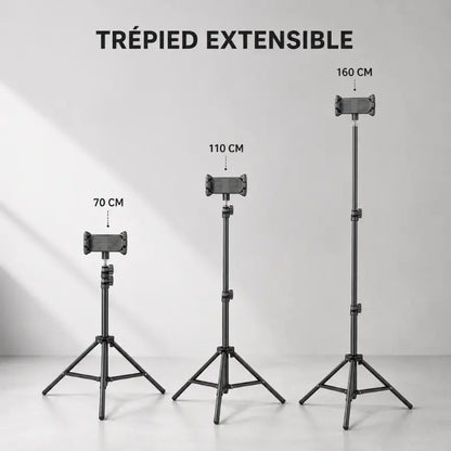 Infographie trépied extensible noir montrant 3 hauteurs : 70 cm, 110 cm et 160 cm