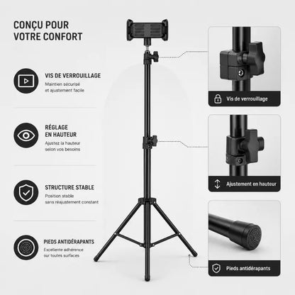 Infographie trépied tablette noir : vis de verrouillage, réglage en hauteur, structure stable, pieds antidérapants - gros plans vis et ajustement hauteur