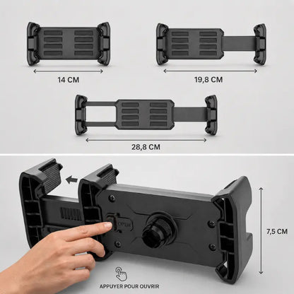 Infographie support tablette extensible : 3 tailles 14 cm, 19,8 cm et 28,8 cm - main appuyant sur bouton open