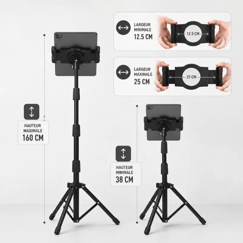 Infographie trépied tablette noir : hauteur maximale 160 cm, hauteur minimale 38 cm, largeur support minimale 12,5 cm et maximale 25 cm