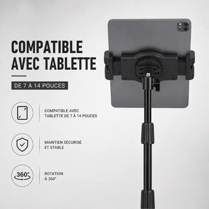 Trépied tablette noir vu de derrière avec tablette iPad montée - infographie compatible avec tablette de 7 a 14 pouces, maintien sécurisé et stable, rotation a 360 degres