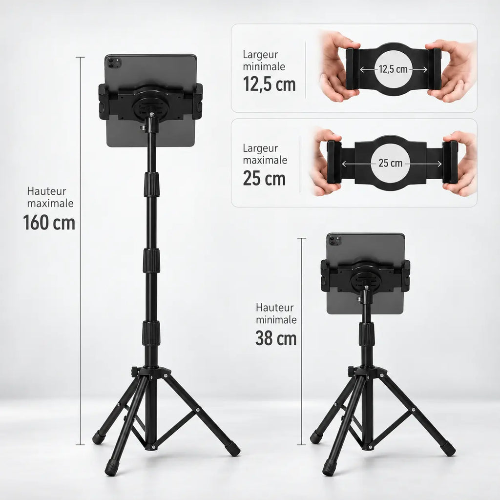 Trépied Tablette 160 CM Extensible - vue de détail du trépied pour tablette, iPad & Samsung Galaxy, Bras Extensible & Sac inclus