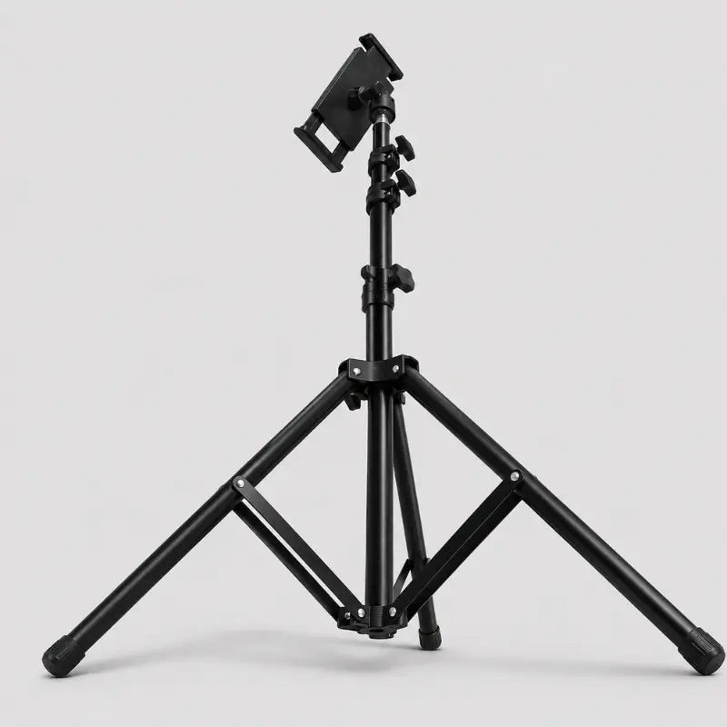 Trépied tablette noir vu de face en position haute sur fond gris, support tablette noir en haut avec bras articule, tige télescopique avec deux molettes de réglage, pieds très écartés