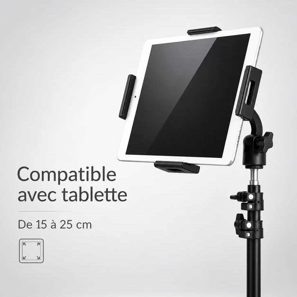 Trépied Tablette 160 CM Noir - réglage et fixation du trépied pour tablette, iPad & Samsung Galaxy, Sac de Rangement & Support inclus